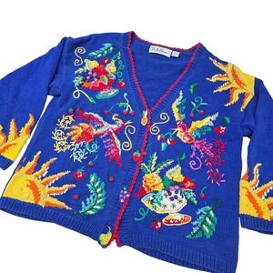 BellePointe Vintage Blue Fruit Bird Sun Embroidered Cardigan Spring Sweater 1X